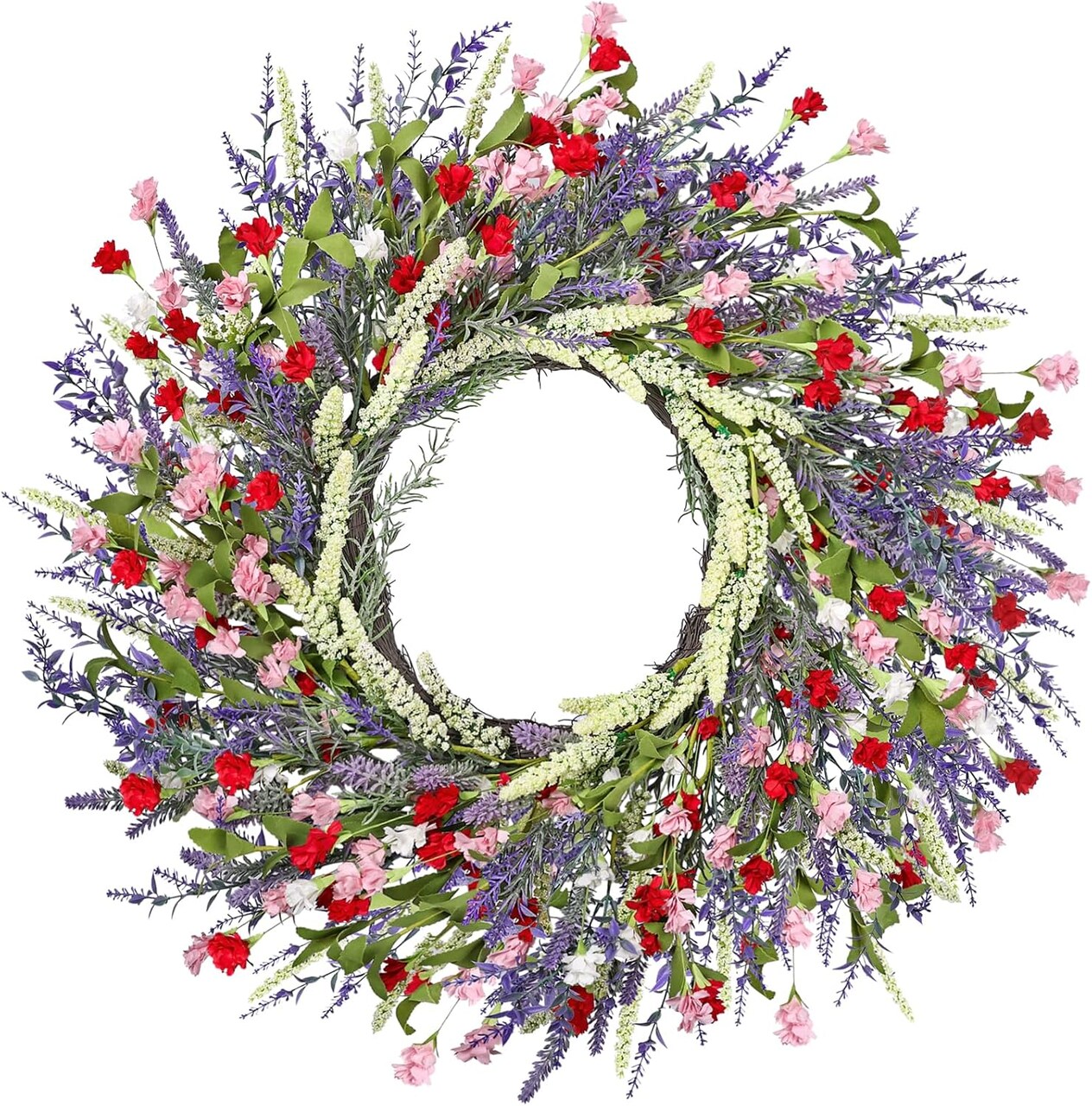 26 Inch Lavender Wreath Summer Wreaths for Front Door Wreaths for Front Door for Wedding Farmhouse (Red Pink Lavender)